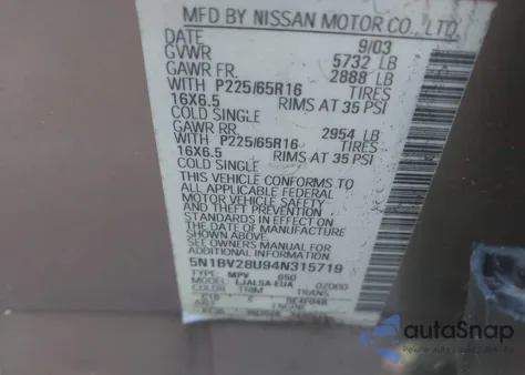 2004 Nissan Quest S/Se/Sl из США, поврежденный, VIN 5N1BV28U94N315719